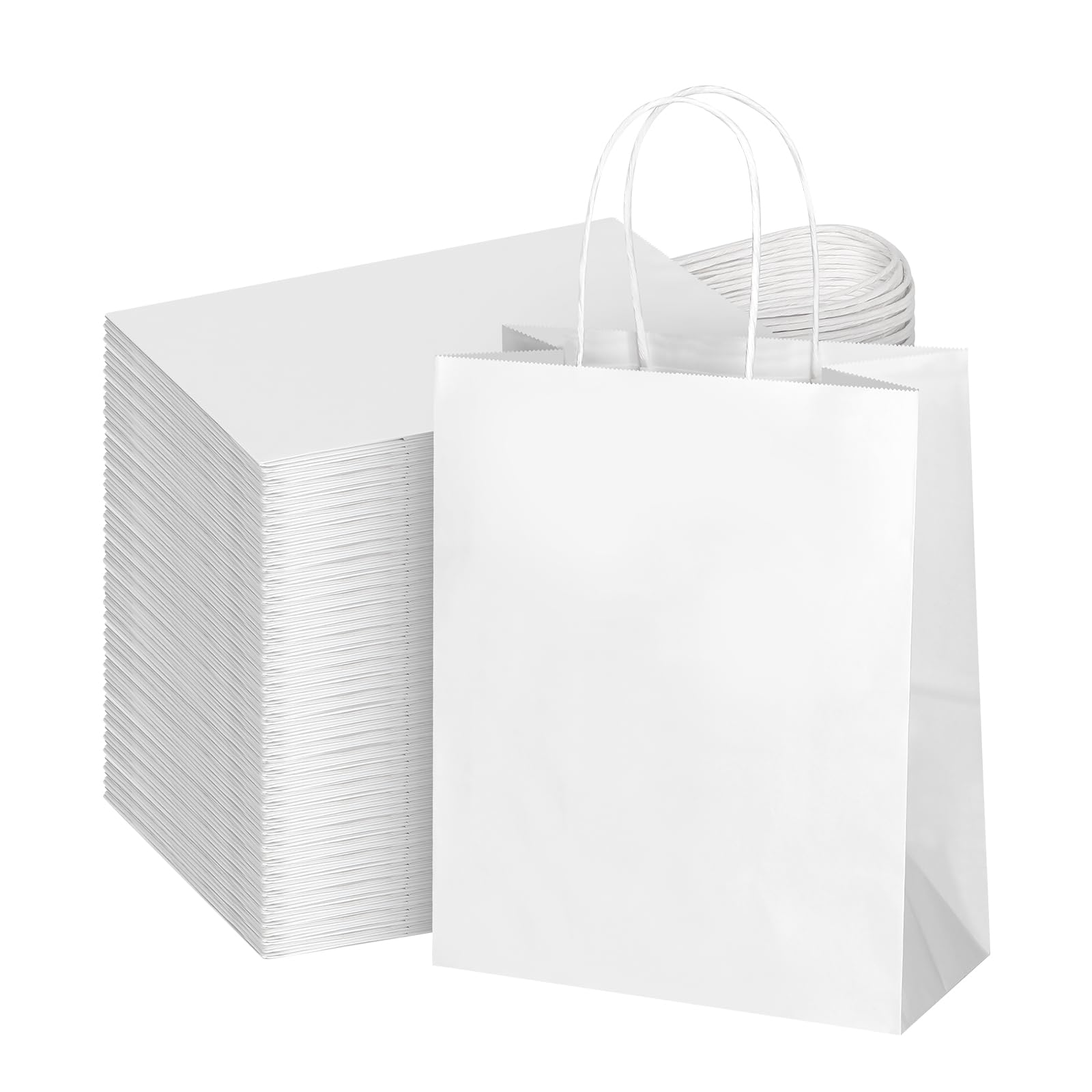 bagmad 100Pcs Pack 8x4.75x10 inch Medium White Kraft Paper Bags with Handles Bulk, Gift Bags, Craft Grocery Shopping Retail Birthday Party Favors Wedding Sacks Restaurant Takeout, Business (100)