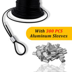 Vinyl Coated Wire Rope 304 Stainless Steel Coated Wire Cable-Black, 1/16" OD to 3/32" x 1000FT, with 300 Pcs Crimping Sleeves-Cable for String Lights, Suitable for Clotheslines