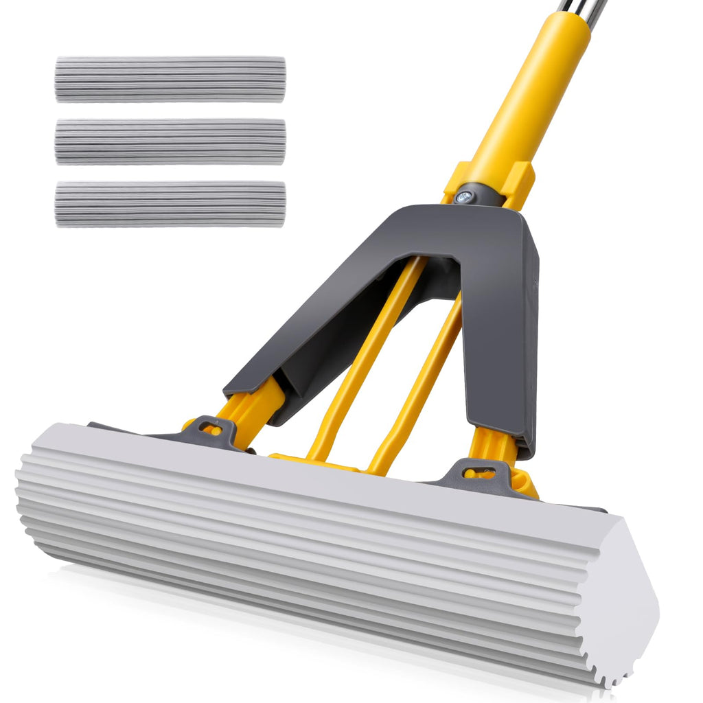 Masthome Sponge Mop,Roller Sponge Mop with 3 Absorbent PVA Mop Refills,Self Squeeze Sponge Mops and Stainless Steel Handle,PVA Sponge Mops for Floor Cleaning