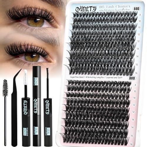 Lash Clusters Kit 360 Clusters Lash Extension Kit 60D+80D DIY Eyelash Extensions Kits C curl Individual Wispy Lashes Cluster Natural Eye Lash Extension Trays with Glue&Tweezers for Beginners