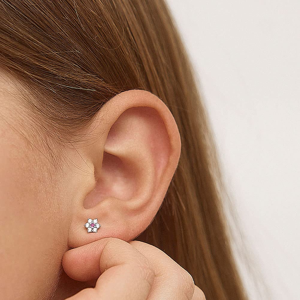 In Season Jewelry CZ Flower Kids Earrings - 925 Sterling Silver Hypoallergenic Earrings for Girls with Secure Screw Backs - Safe & Comfortable for Toddlers, Kids & Little Girls, Clear & Pink