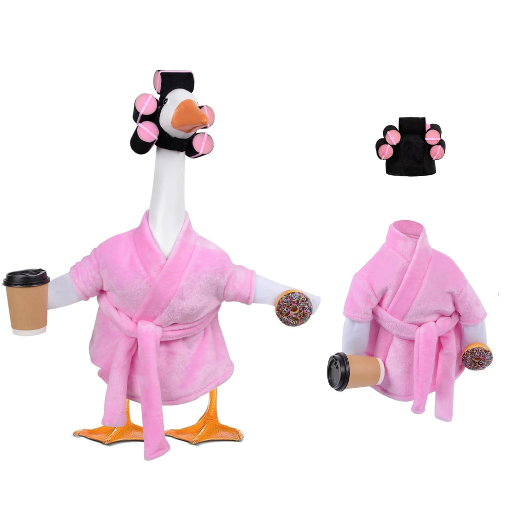 yuboo 23 Inch Pink Lady Porch Goose Outfits, Bathrobe Porch Goose Statue Costume with Cute Curlers and Coffee Cup, Funny Summer Lawn Yard Garden Patio Decor, Cute Goose Clothes Cement