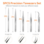 TOWOT Precision Tweezers, 5 PCS Stainless Steel, Non-Magnetic, Heat Resistant, Curved, Jewelry, Electronics, Craft, Soldering, Experimental Work