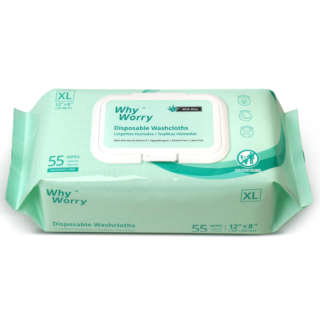 WhyWorry Wet Wipes for Adults, 8"x12" Extra Large Body Cleansing Wipes for Elderly & Incontinence, Extra Thick Adult Washcloths Disposable with Aloe & Vitamin E, Unscented, 55 Count
