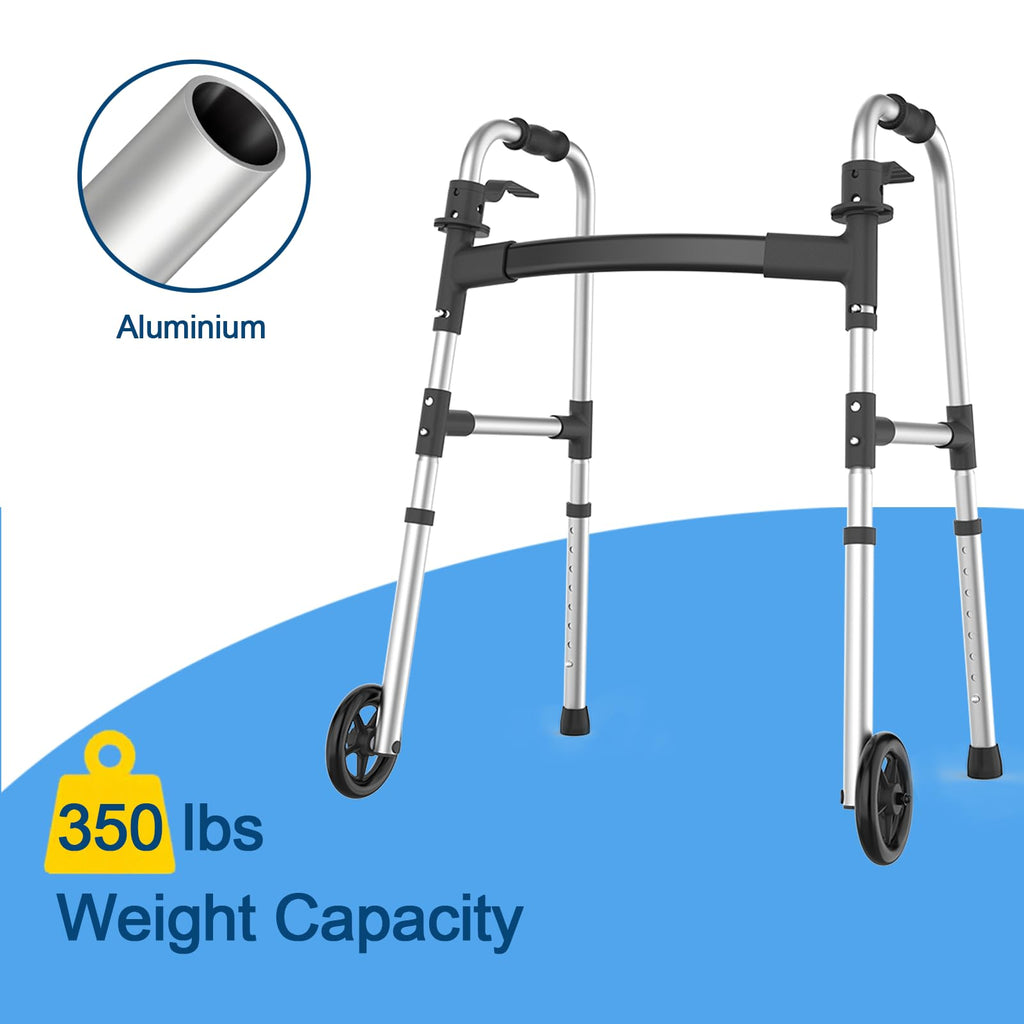 Loyoda Walkers for Seniors, Folding Walker with Ski Glides 5'' Front Wheel Medical Lightweight Walker Height Adjustable Aluminum Standard Walker for Handicap and Adults (Silver)