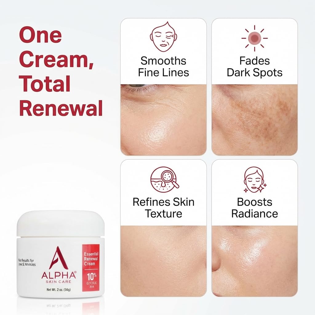 Alpha Skin Care Essential Renewal Cream, 10% Glycolic AHA, Anti-Aging Formula, Reduces Lines & Wrinkles, Alpha Hydroxy Acid Exfoliates for Smoother Skin, Normal, Sensitive or Dry Skin, 2 Oz