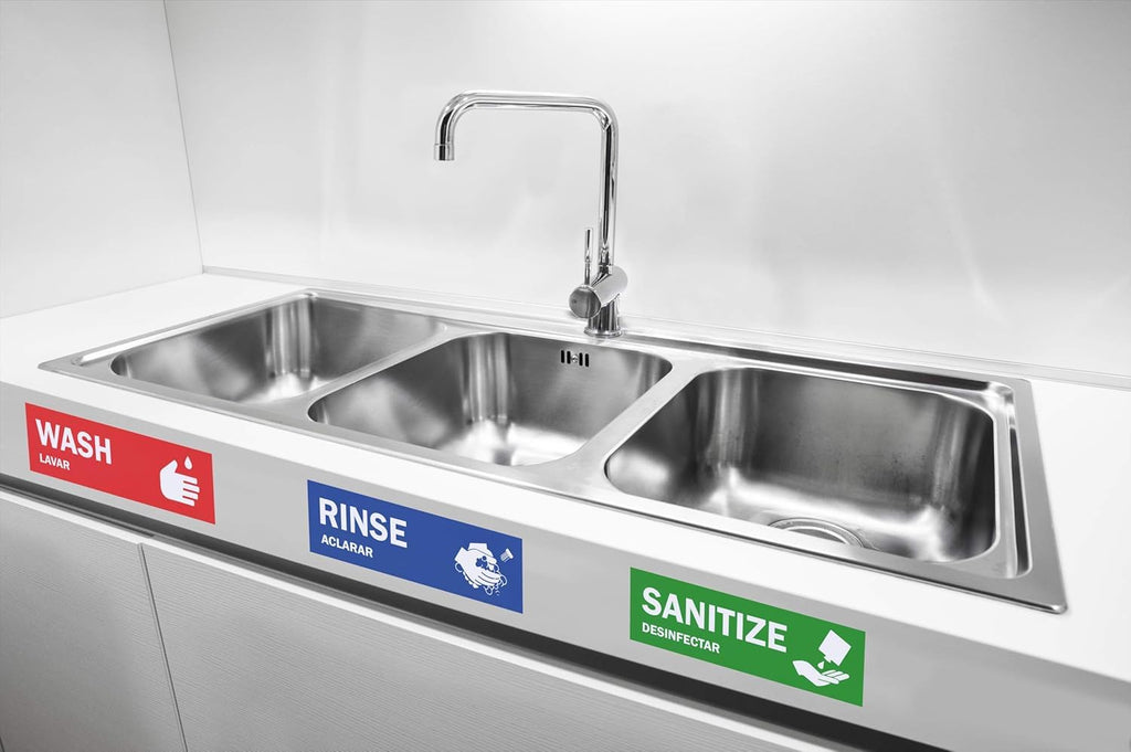 ASSURED SIGNS Wash Rinse Sanitize Sink Labels - 2.75" x 9" - 10 Pack - 3 Compartment Sink Stickers - Includes Hand Wash Only Sign - Bilingual English Spanish - For Restaurant Food Truck Commercial Kitchen