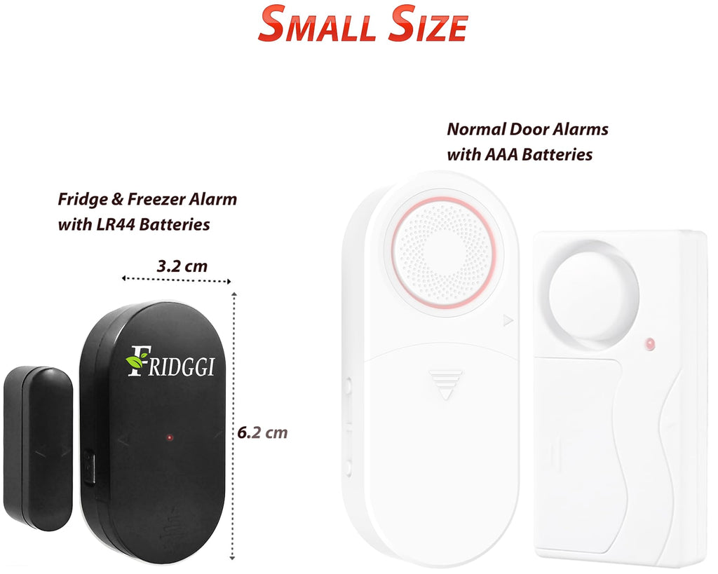 FRIDGGI - Refrigerator Door Alarm with 60 Second Delay, 2, 3, and 4 Minute Reminders, Freezer Door Chime, Low/Loud 80 to 110 dB – Compact Size. (Black)