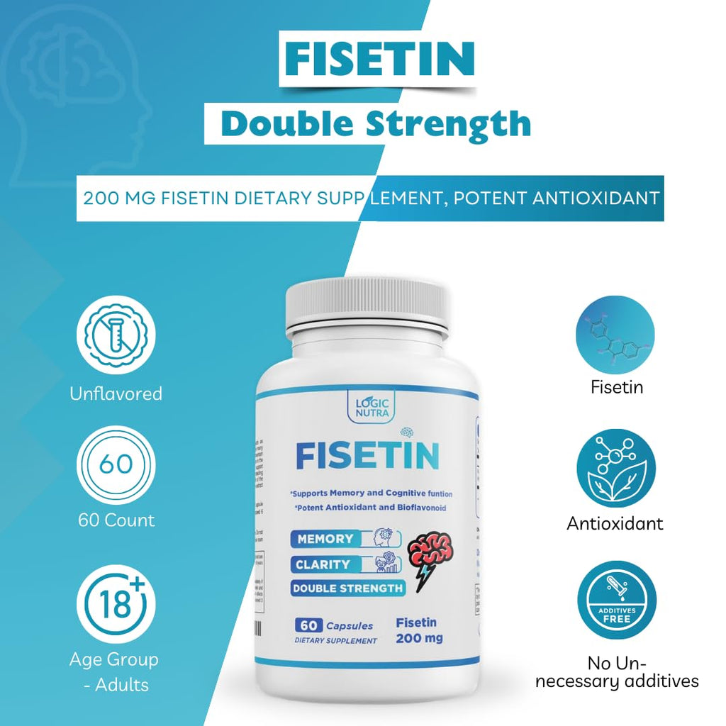 Logic Nutra Fisetin Double Strength - Fisetin Supplements 200 mg - Non-GMO, Vegan, & Gluten Free - 60 Capsules - Potent Antioxidant Supplement for Wellness Support