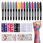 Temporary Tattoo Markers for Skin, 15 Colors Tattoo Pen + 50 Paint Stencils + 43 Tattoos Stickers, Glitter & Matte & Neon Glow Body Marker Set, Removable Fake Tattoos Kit for Teens and Adult