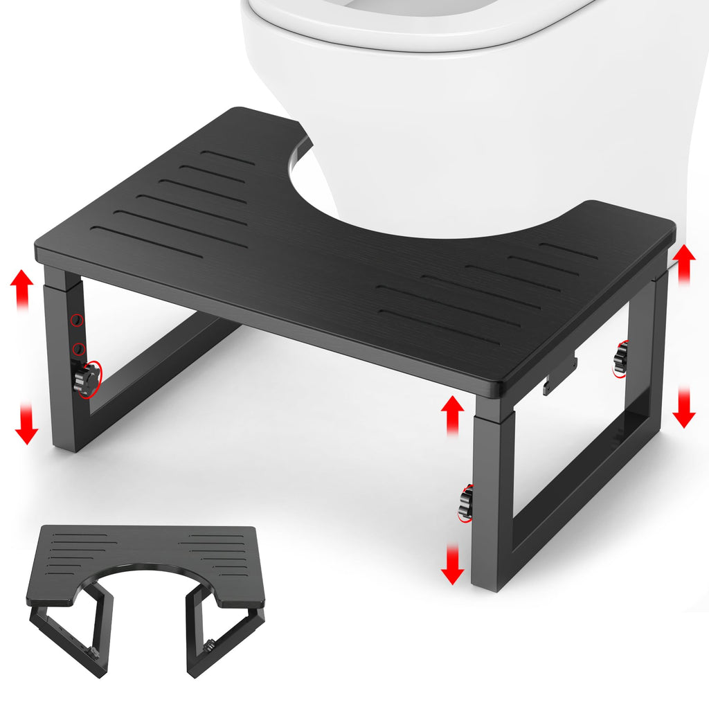 Bamboo Toilet Stool Squat Black, 7 in, 8 in & 9 in Adjustable Heights Pooping Stool for Bathroom Adults, Sturdy Potty Stool with Non-Slip Layer, Improve Squatting Posture, 500 lbs Capacity