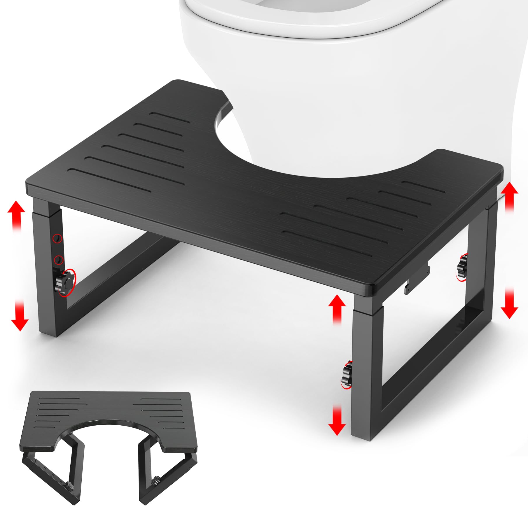 Bamboo Toilet Stool Squat Black, 7 in, 8 in & 9 in Adjustable Heights Pooping Stool for Bathroom Adults, Sturdy Potty Stool with Non-Slip Layer, Improve Squatting Posture, 500 lbs Capacity