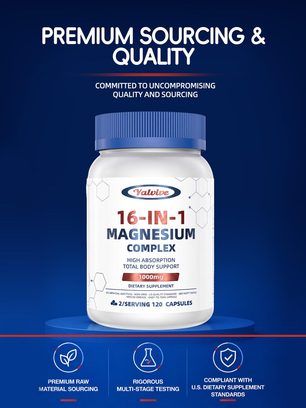 1000mg Magnesium Complex for Women & Men, 16 in 1 High Absorption | Glycinate, Citrate, Malate, Taurate | Sleep, Nerve, Heart, Bone, Muscle & Energy | Non-GMO, Gluten-Free, 120 Capsules