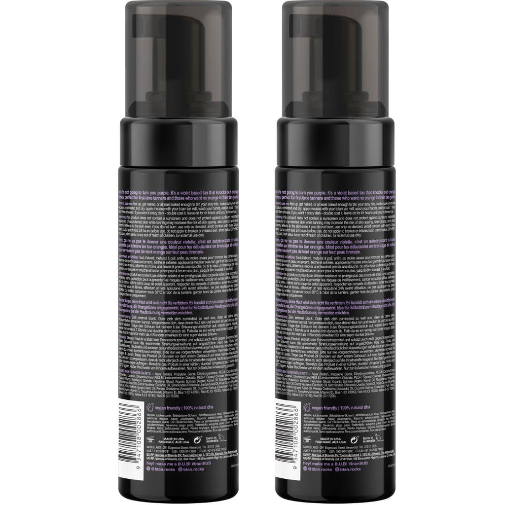 b.tan Violet Self Tanner Mousse Bundle | Love At First Tan - Best, 1 Hour Express Sunless Tanning Foam, Cancels Orange Tones, Dark Bronzing Glow, No Fake Tan Smell, Face & Body, 6.7 Fl Oz, Pack of 2