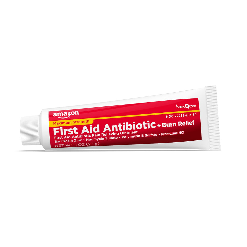 Amazon Basic Care First Aid Antibiotic + Burn Relief, Maximum Strength Triple Antibiotic Ointment for Minor Cuts, Scrapes, Infection Protection, 1 Ounce (Pack of 6)