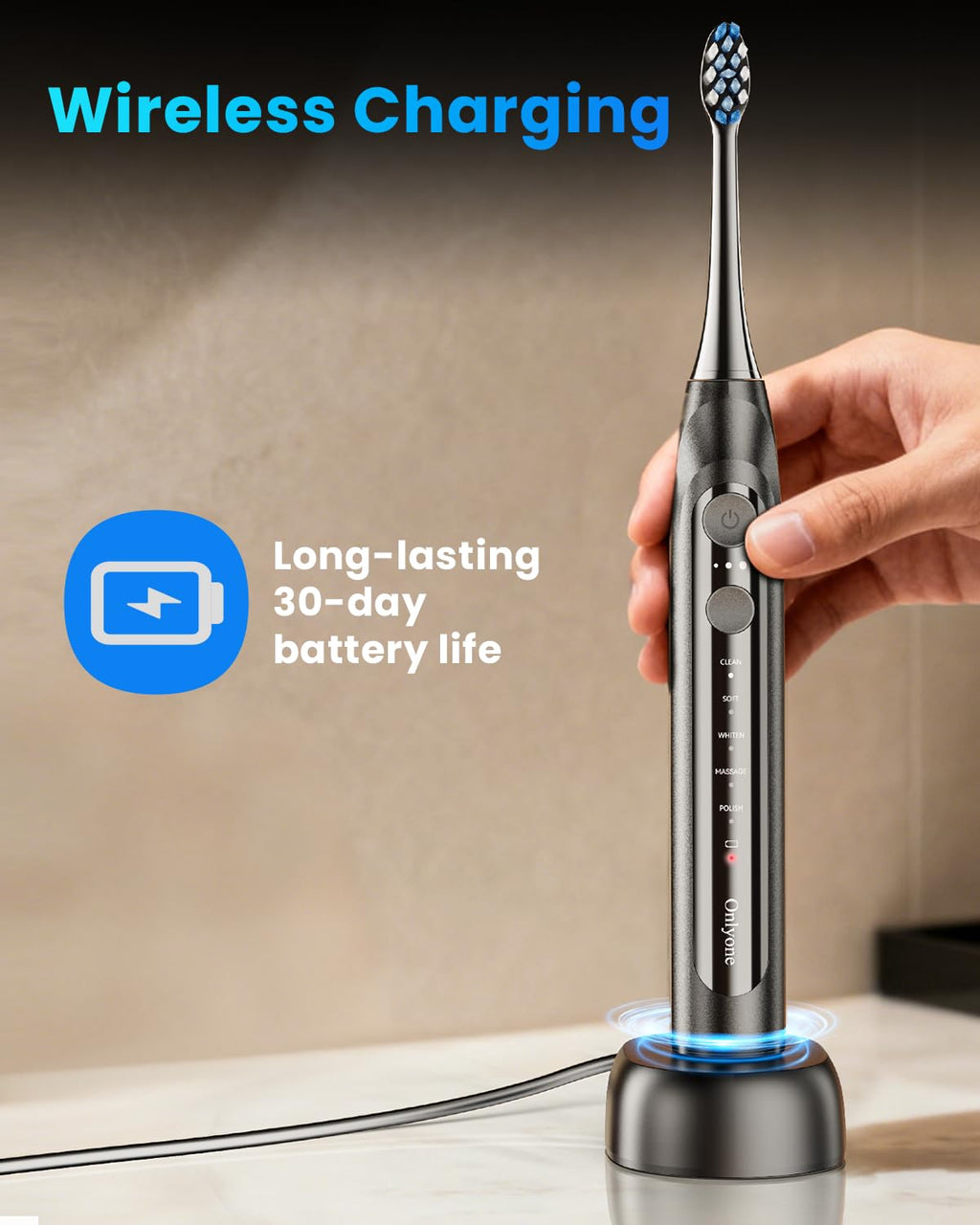 Onlyone Ultrasonic Electric Toothbrush for Adults, Rechargeable Electric Toothbrush with 8 Brush Heads, Travel Case, Charging Base & Wireless Charging - 5 Modes with Smart Timer
