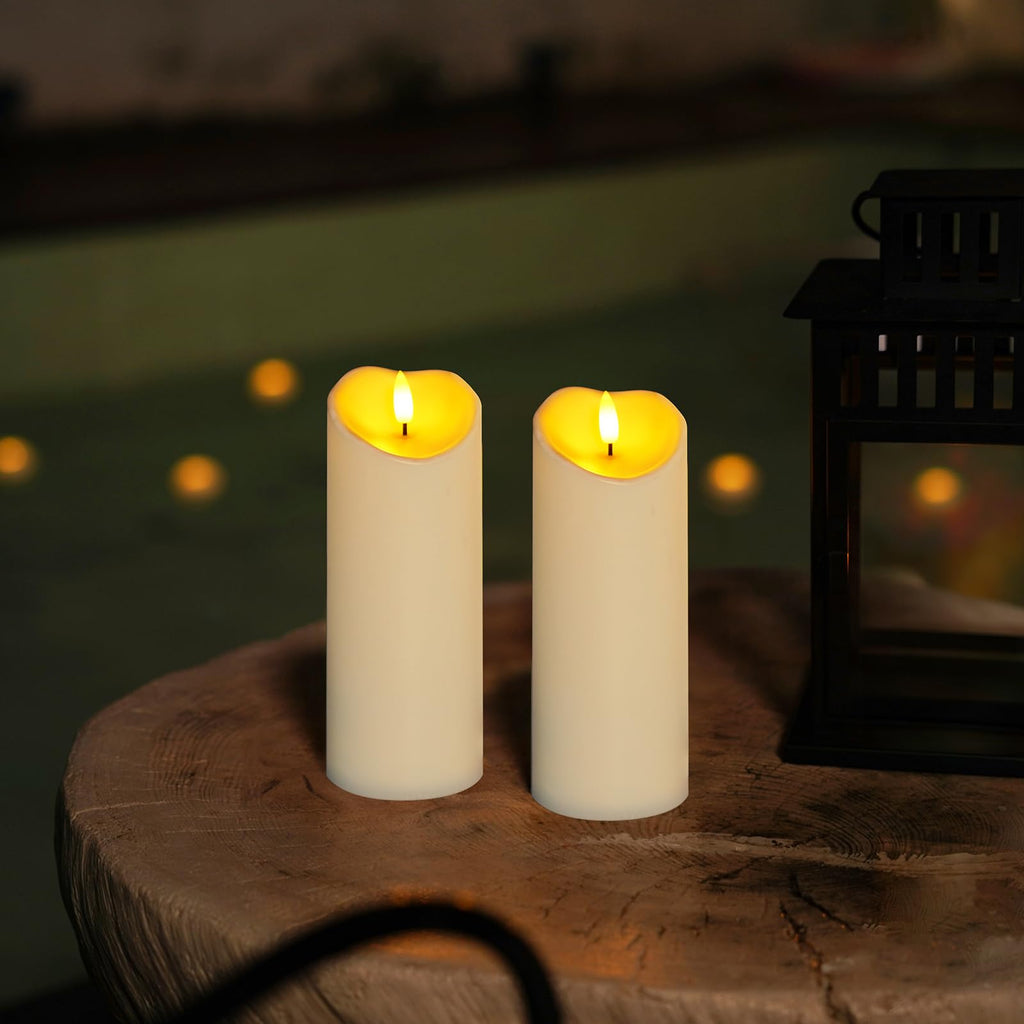Homemory Outdoor Waterproof LED Candles, Battery Operated with Remote and Timers, Electric Fake Plastic Pillar Candles, Ivory White, Set of 2