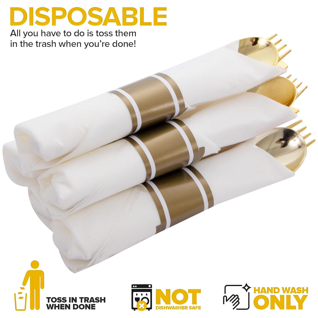 Joyido 400PCS Pre Rolled Gold Plastic Silverware Sets - Heavy Duty Gold Cutlery - Include 100 Pack Wrapped Disposable Utensils with Napkins for Parties, Dinners & Weddings