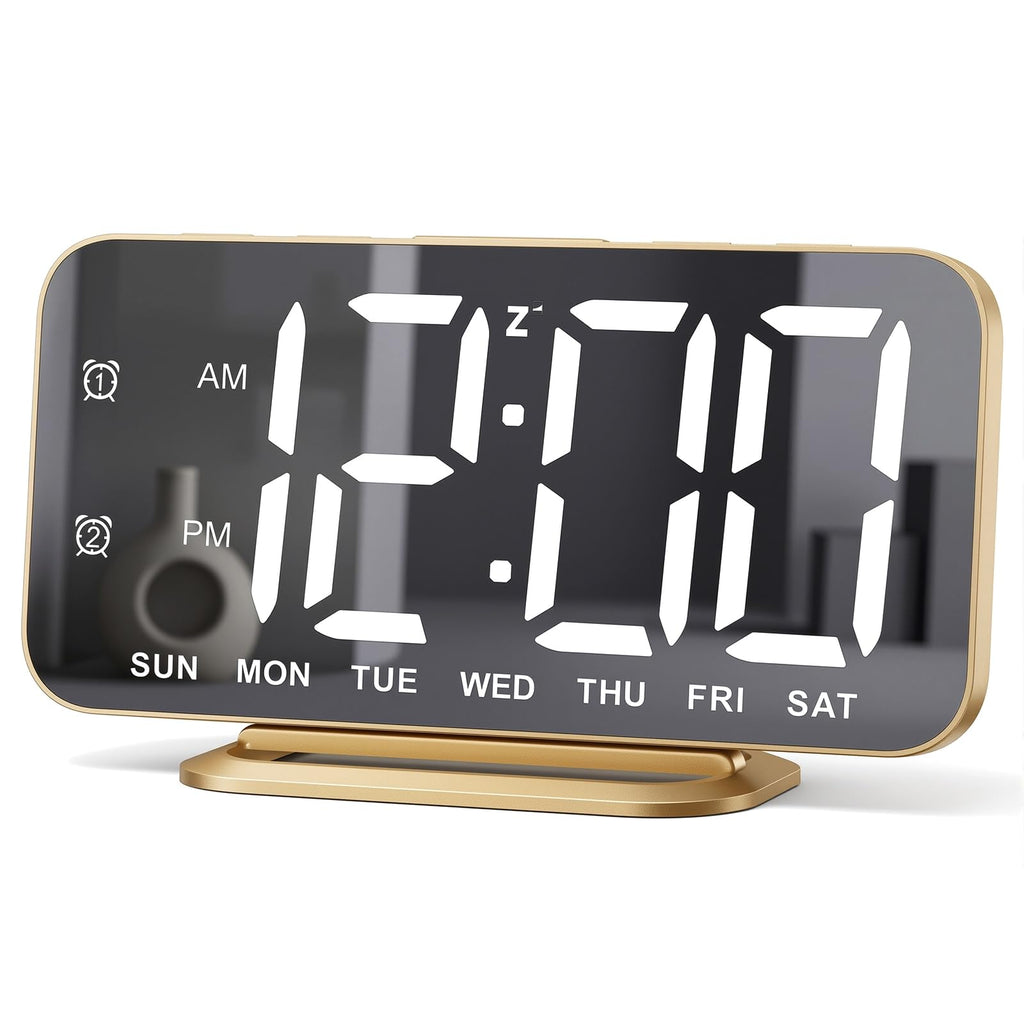 Slim LED Digital Alarm Clock, Mirror Surface for Makeup, with Diming, Large Display, Easy Setting, USB Charger Ports, Modern Bedroom, Desk, Office Living Room Decor, Christmas Birthday for Women Girl