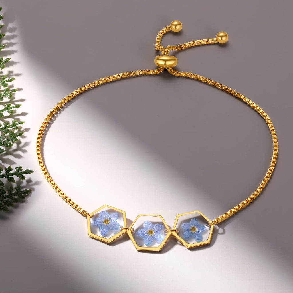 AUNTESIGN Forget-Me-Not Pressed Wildflower Bracelet | Personalized Handmade | Real Wildflowers Jewelry | Alaska State Flower Jewelry | Gold Pressed Flower Bracelet | Gift For Her