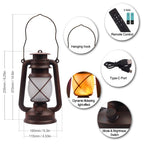 Lantern LED Battery Powered Camping Lamp Outdoor Hanging Rechargeable Lantern Flickering Flame Retro Lanterns Remote Control 4 Modes Light Non-Solar 2 Pack