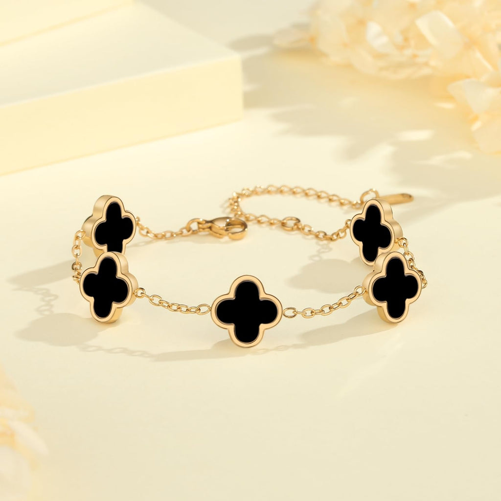 CORSMGSE 18K Gold Plated Clover Lucky Bracelet for Women Gold White Black Pink Green Red Blue Adjustable Double Sided Flower Four Leaf Link Bracelets Trendy Jewelry Gifts for Women Men