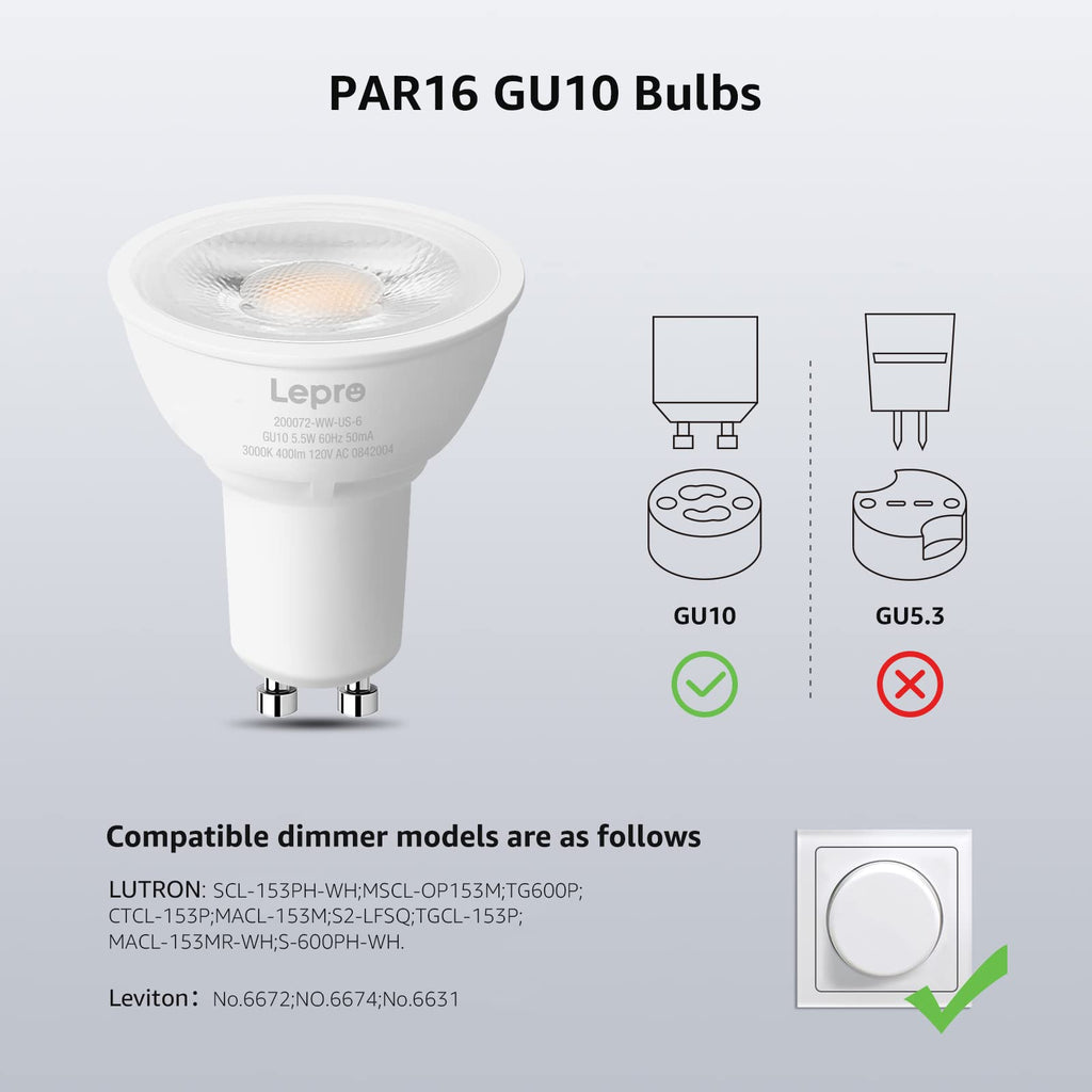 Lepro GU10 LED Bulb Dimmable, 50W Halogen Equivalent Light Bulbs, 5.5W 5000K Daylight White Replacement for Recessed Track Lighting, 40°Spotlight for Kitchen Range Hood Living Room & Bedroom, 6 Pack