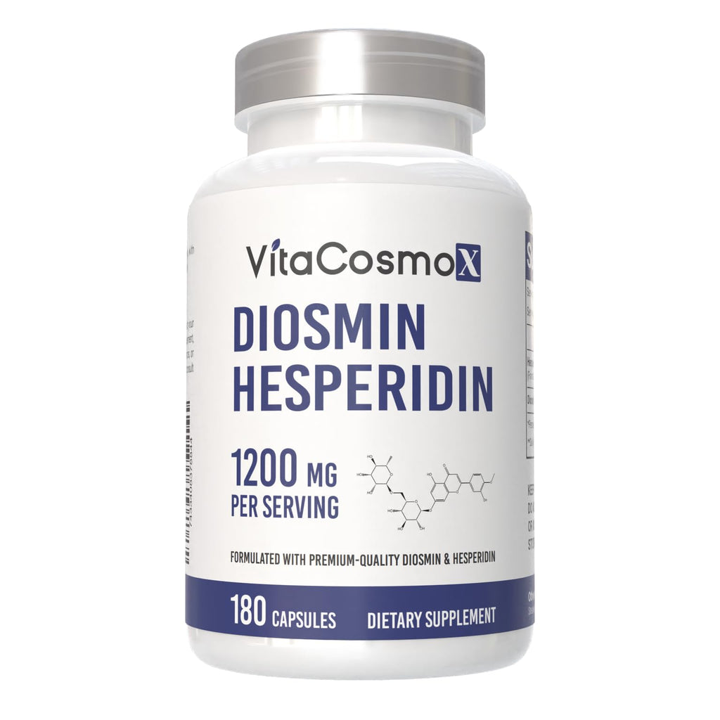 VitaCosmoX Diosmin Hesperidin 1200 mg Complex, 180 Capsules, Citrus Bioflavonoids Rich Fruit Extract, 100% Vegetarian, Non-GMO & Gluten Free Diosmin Supplement with Max Strength