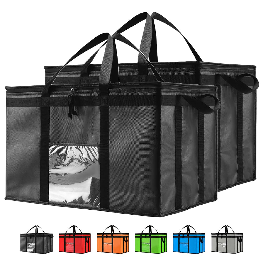 NZ home Insulated Bags for Food Delivery (3XL) Grocery Shopping Cooler Bag, Pizza Delivery, Hot & Cold Catering Tote, Reusable, Foldable & Heavy Duty (2 Pack, Black)