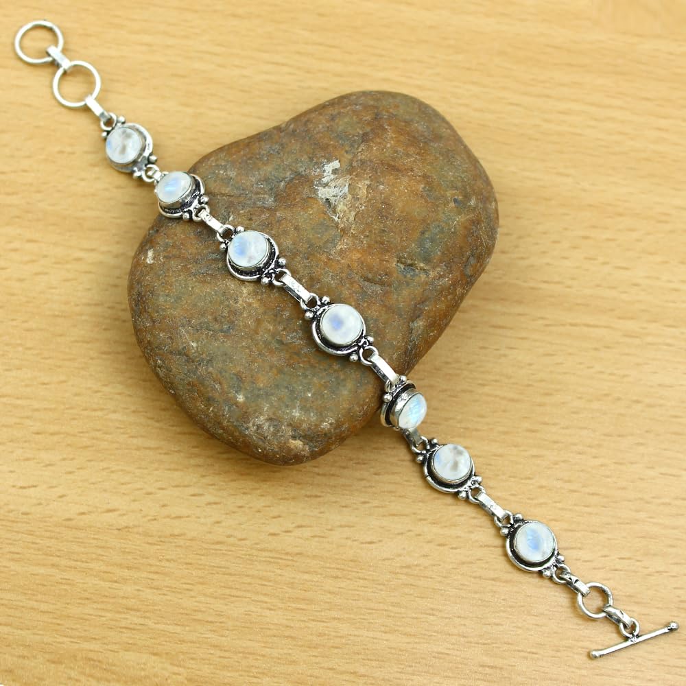 Natural Moonstone 925 Silver Plated Round Gemstone Link Bracelet for Women