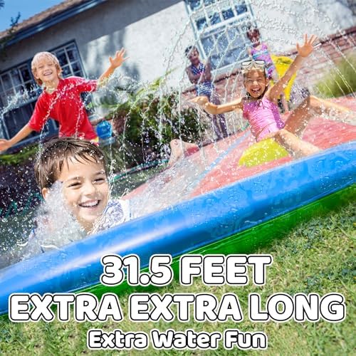 JAMBO 31.5Ft Extra Long Water Slide and 2 Bodyboards, Heavy Duty Slip Splash and Slide with Inflatable Crash Pad, Summer Water Toy Sprinkler, Backyard Outdoor Water Fun n Toys for Kids, Splash Mat
