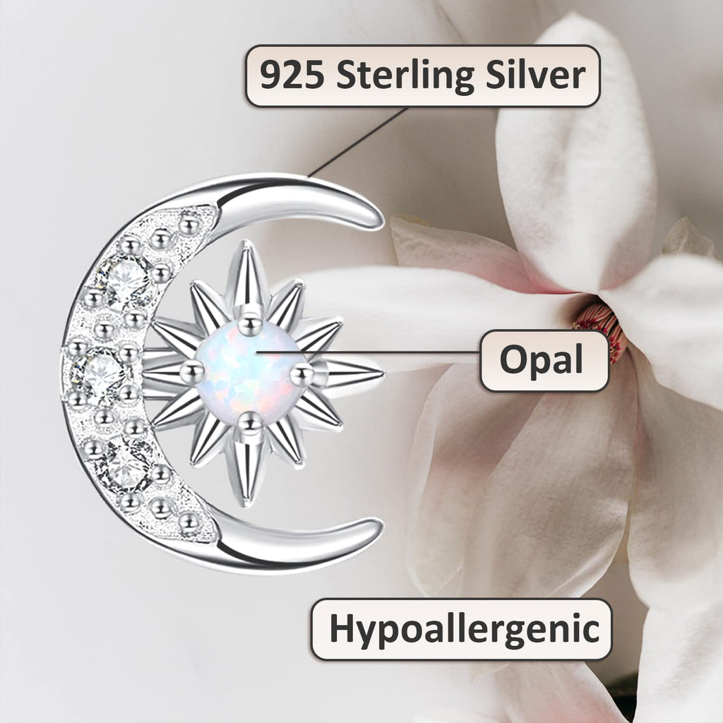 YZSFMZGE Moon and Star Earrings 925 Sterling Silver Opal Stud Earrings for Women - Hypoallergenic Sun and Crescent Moon Jewelry Gift for Sensitive Ears