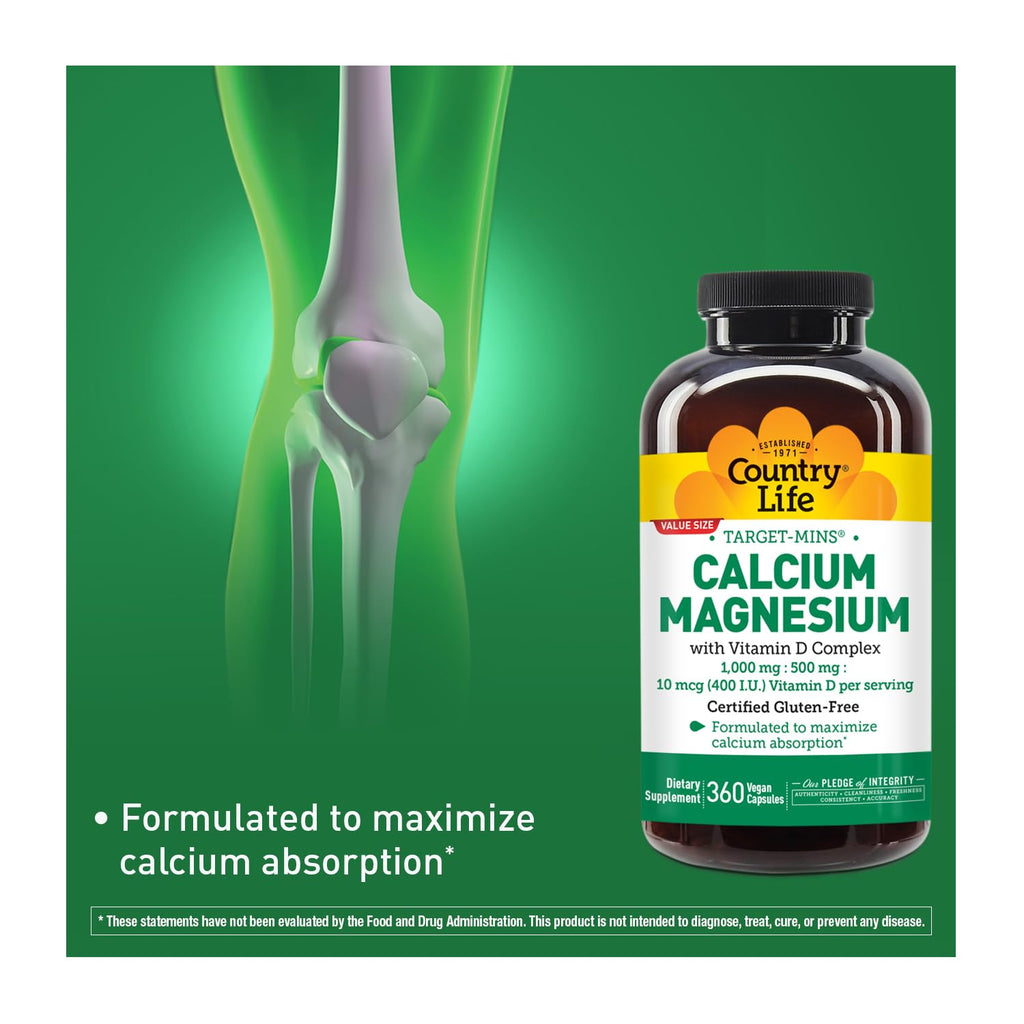 Country Life Target-Mins Calcium Magnesium with Vitamin D-Complex, 1000mg/500mg/10mcg, 360 Vegan Capsules, Certified Gluten Free, Certified Vegan, Verified Non-GMO Verified…