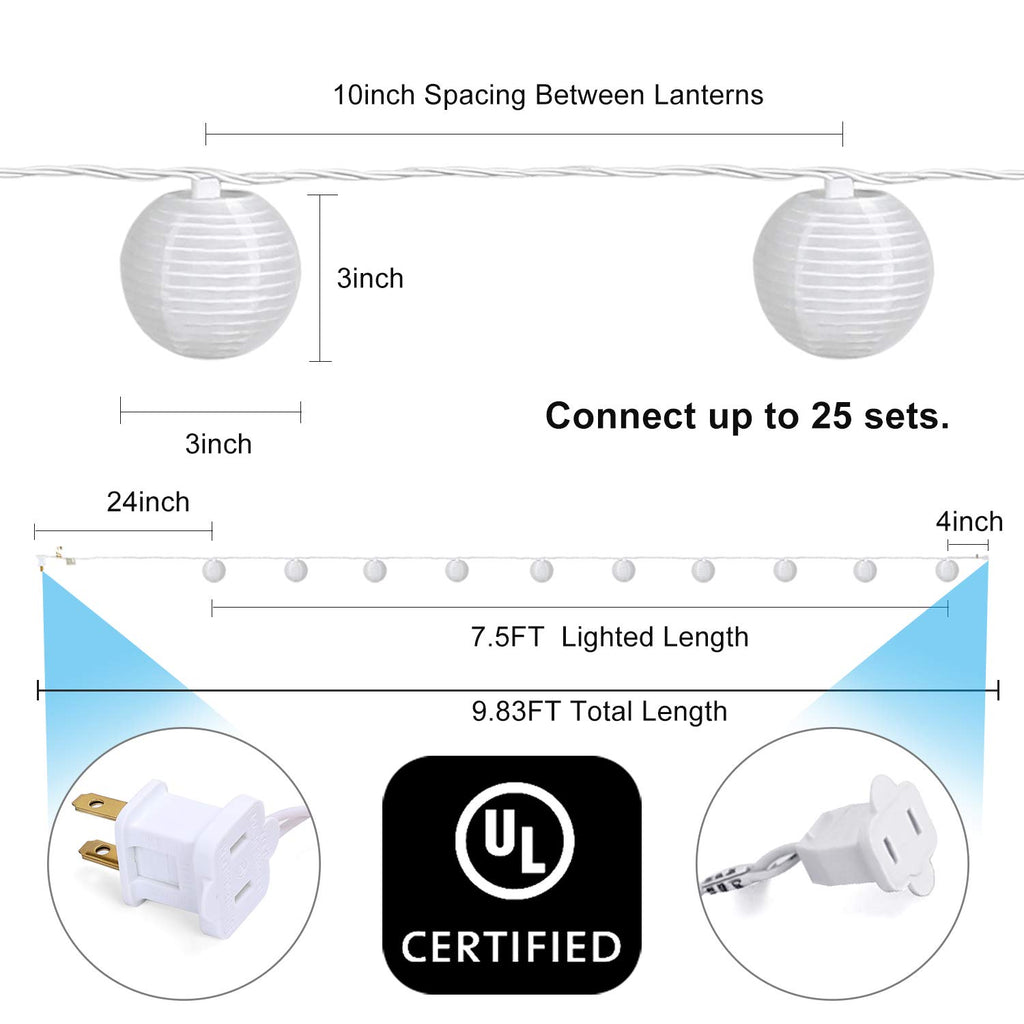 TIGOMOOV 10 White Nylon Lantern String Lights-120V Plug in 9.83FT White Wire, Waterproof Indoor Outdoor Hanging Lantern Lights for Patio, Garden, Bedroom, Wedding, Party and Christmas Holiday Decor