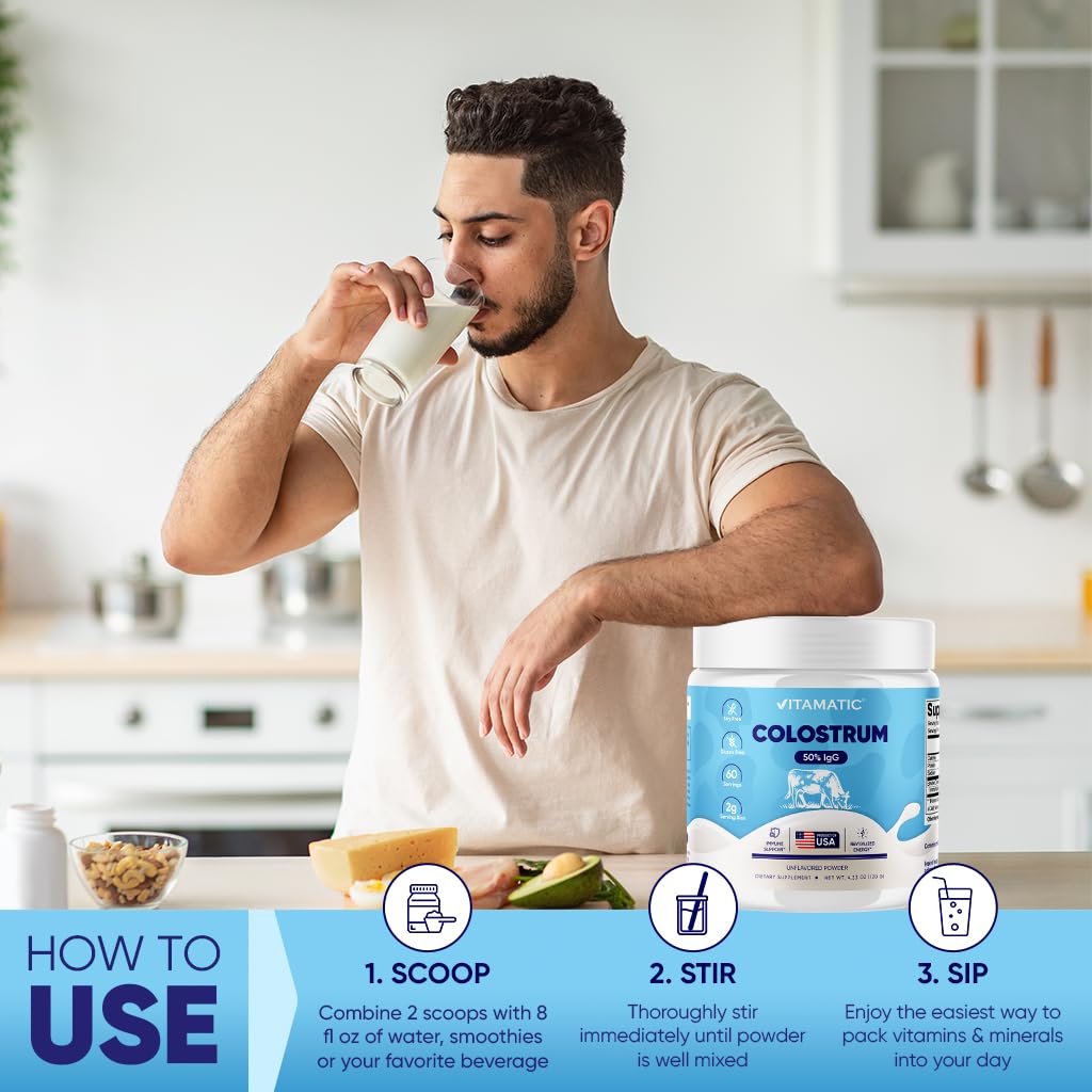 Vitamatic Bovine Colostrum Powder - 50% Highest IgG -120 Gram - Supplement for Gut Health, Hair Growth, Beauty, Muscle Recovery, & Immune Support - Easy to Mix - Unflavored - 60 Servings