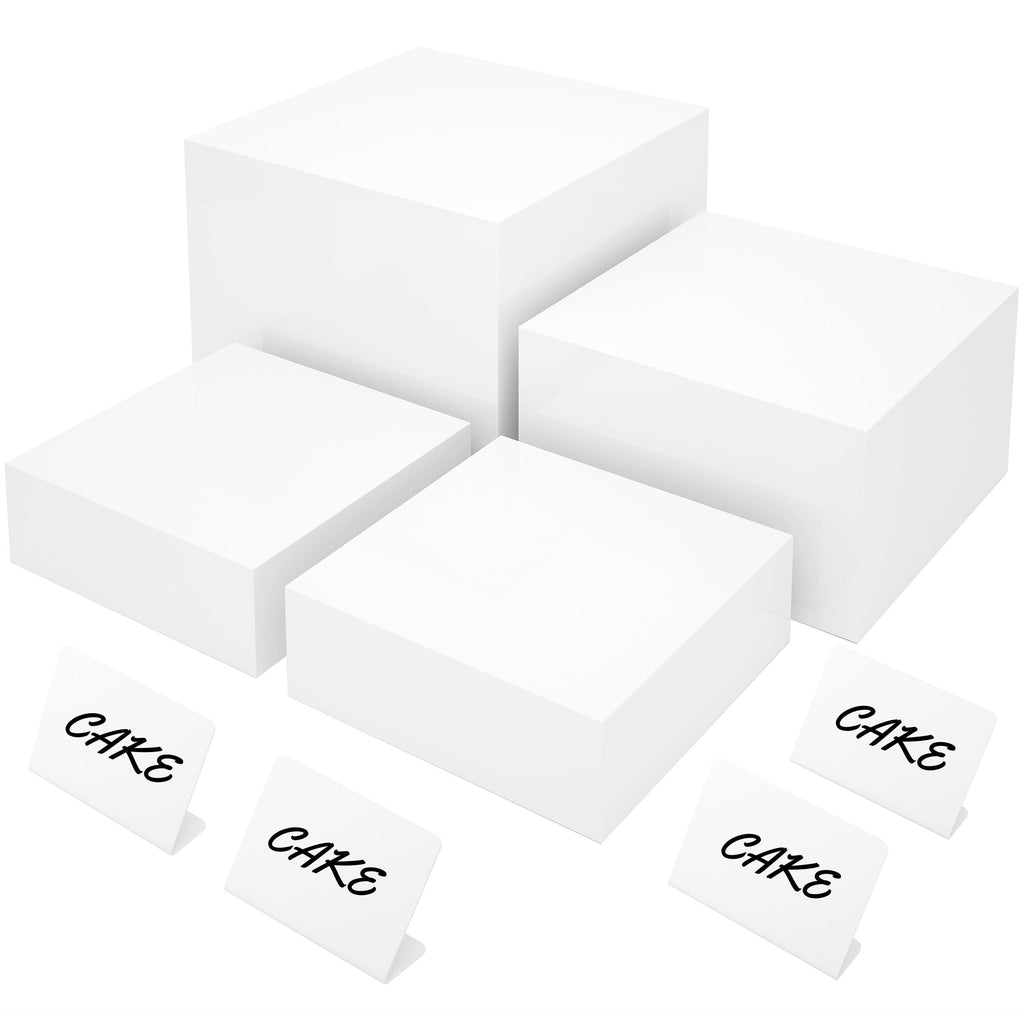 BreeziiDesign 8” Buffet Risers with Mini Signs, Buffet Table Risers and Stands, Acrylic Cube Display Box for Catering Party Table Food Display, Dessert, Cakes - White, Set of 4 Boxes (4 Pack)