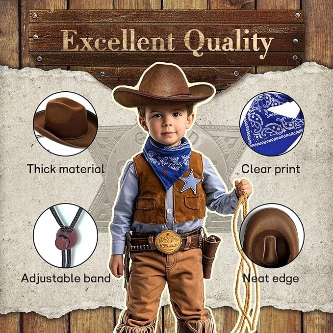 SeptCity Toddler Cowboy Hat and Blue Bandana for Age 2-5 (Brown)