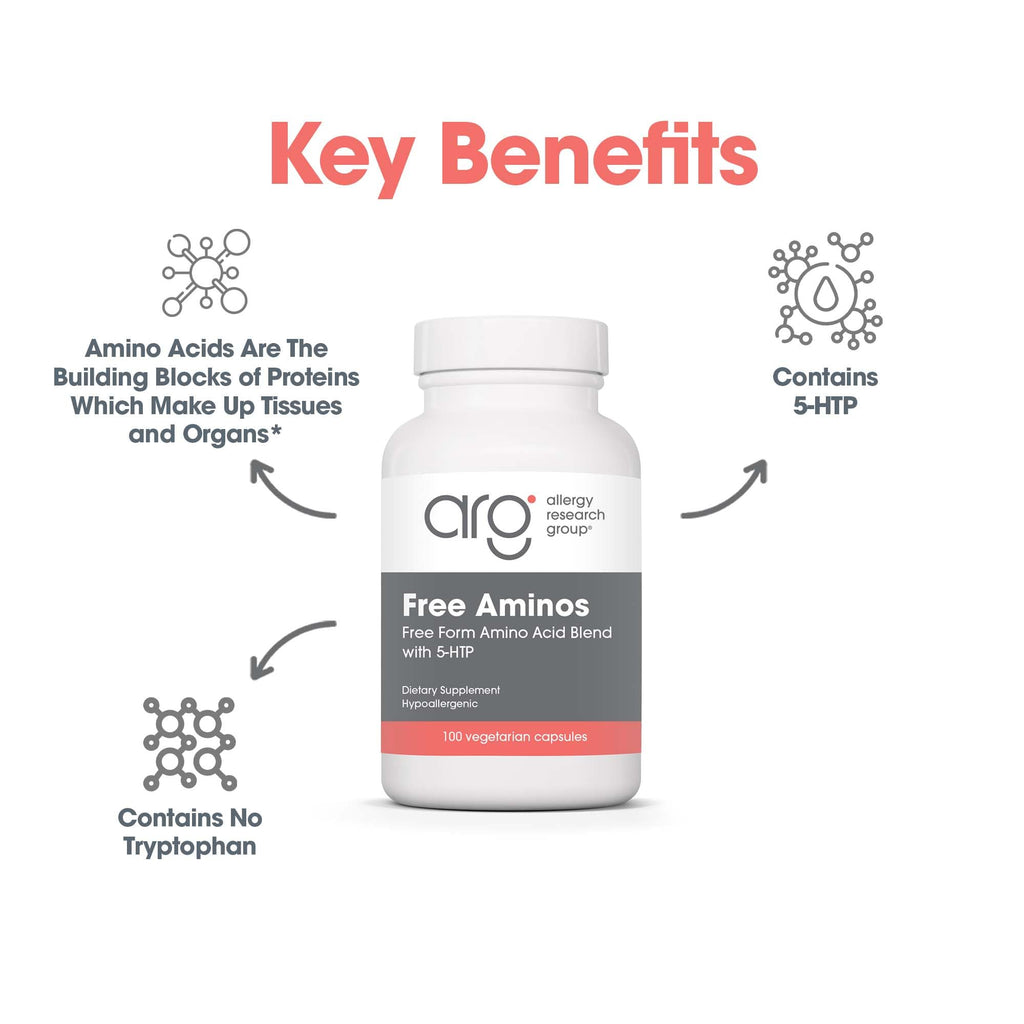 ARG Free Aminos - Free Form Amino Acid Complex with 5-HTP - Essential Amino Acids for Muscle & Neuro Support - Vegetarian Capsules - 50 Servings - 100 Count
