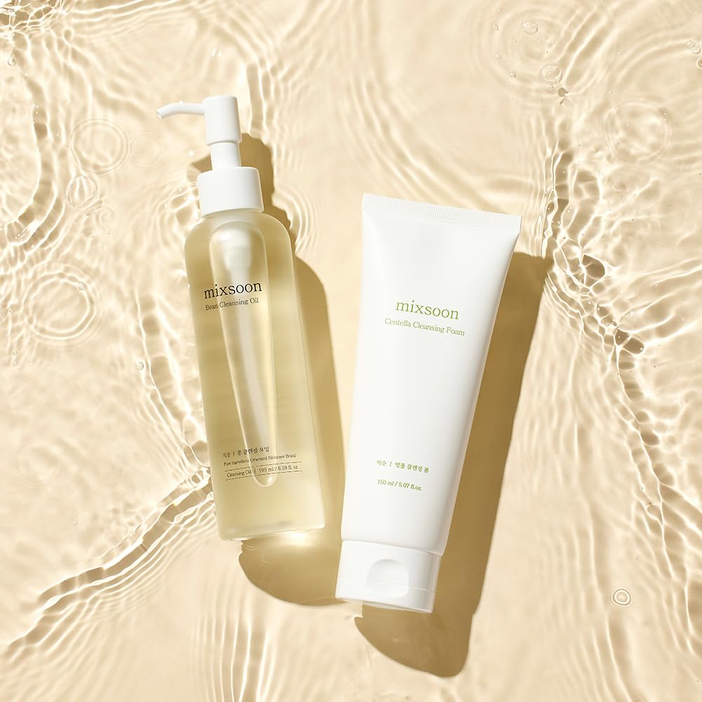 mixsoon Double Cleansing Set 2-Step Routine, Cica Foam & Bean Cleansing Oil Face Wash Set Gentle Deep Clean and Hydrating Care 150ml / 5.07 fl.oz., 195ml / 6.59 fl.oz. Korean Glass Skin Care