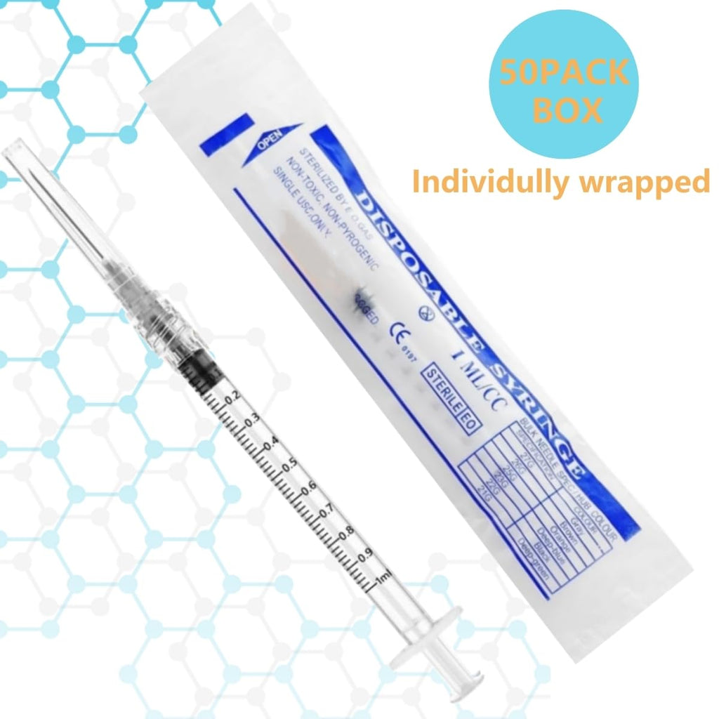 50 Pack Luer Lock 1ml 27Ga - 1 Inch Sample Measuring Syringe Lab Supplies, Individually Sealed Wrapped