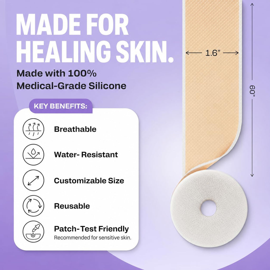 Silicone Scar Tape — Medical-Grade, 1.6" x 60", Cut-to-Fit for C-Section, Surgical & Keloid Scars, Face & Wrinkles | Reusable