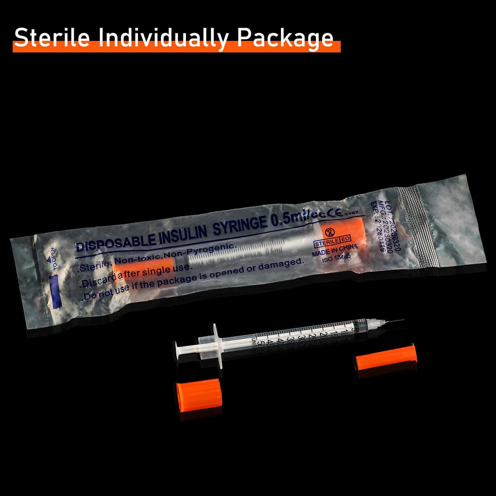 U-100 Syringe with Needle, 30G 1/2cc 5/16 Inch (8mm) Syringe, Individually Wrapped, Pack of 50