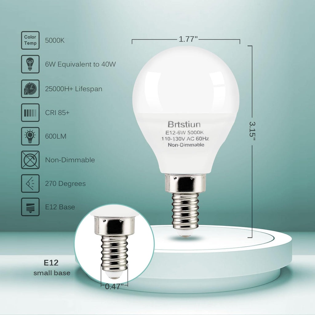 Brtstiun Light Bulbs for Ceiling Fan, E12 LED Bulb, 40W Equivalent, Daylight White 5000K, Small Base G45 LED Candelabra Light Bulbs, 600LM, Non-Dimmable, 10-Pack