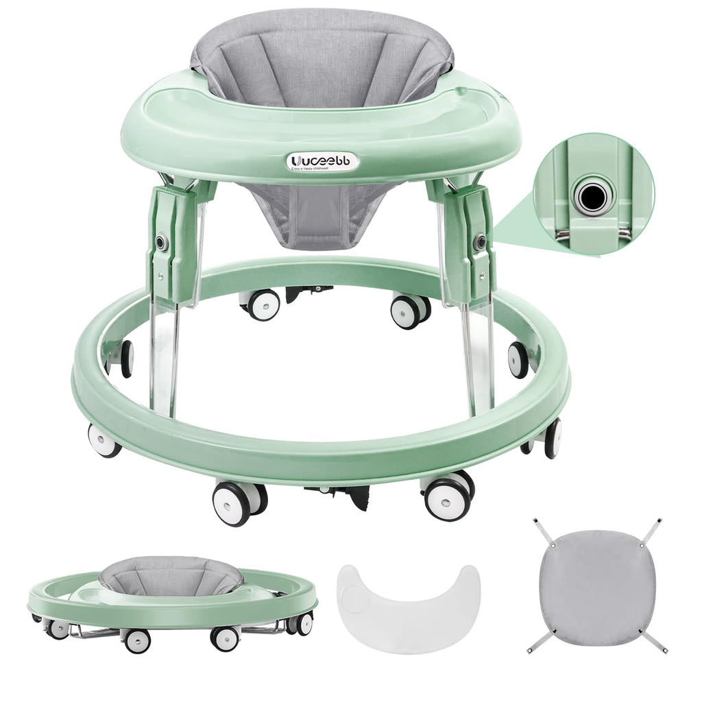 Baby Walker with Wheels, One-Touch Folding Baby Walkers, 7-Speed Height Adjustment with Large Dinner Plate, Anti-Roll 8-Wheel with Brake for 6-18 Months Baby (Green)