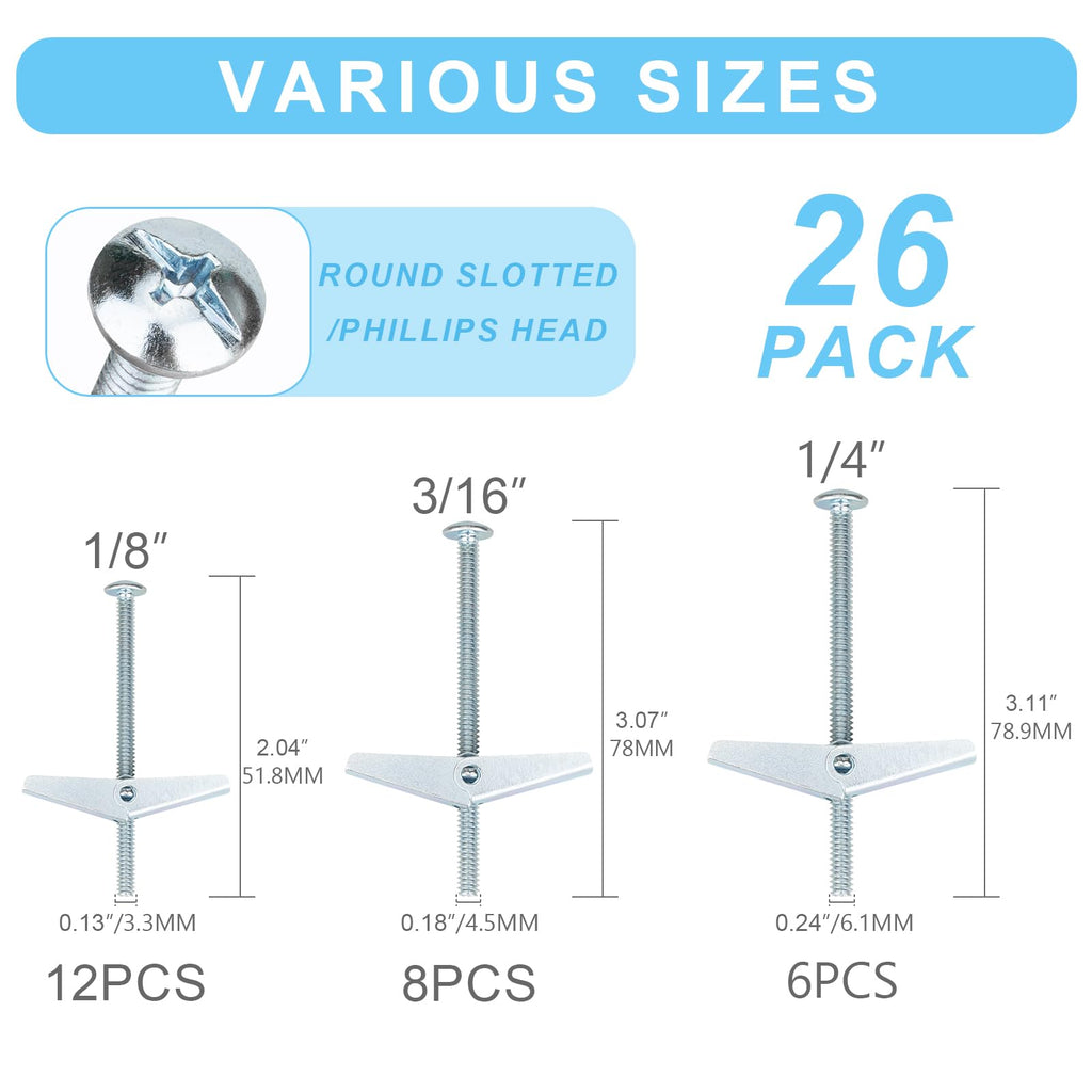 26 Sets 3 Size Toggle Bolts Heavy Duty Metal Drywall Anchors Kit