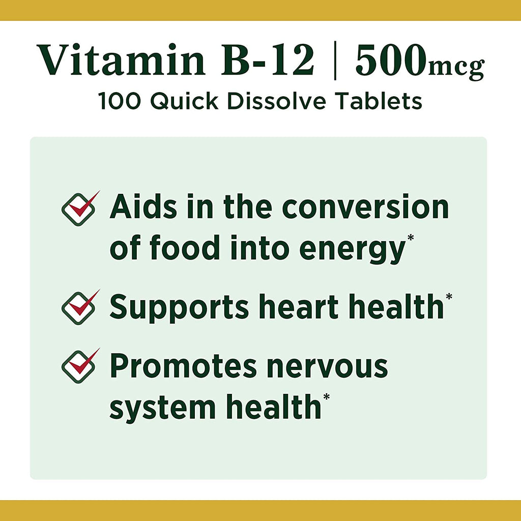 Nature's Bounty Vitamin B12, Supports Energy Metabolism and Nervous System Health, 500mcg, Tablets, 100 Ct (Pack of 2)