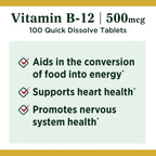 Nature's Bounty Vitamin B12, Supports Energy Metabolism and Nervous System Health, 500mcg, Tablets, 100 Ct (Pack of 2)