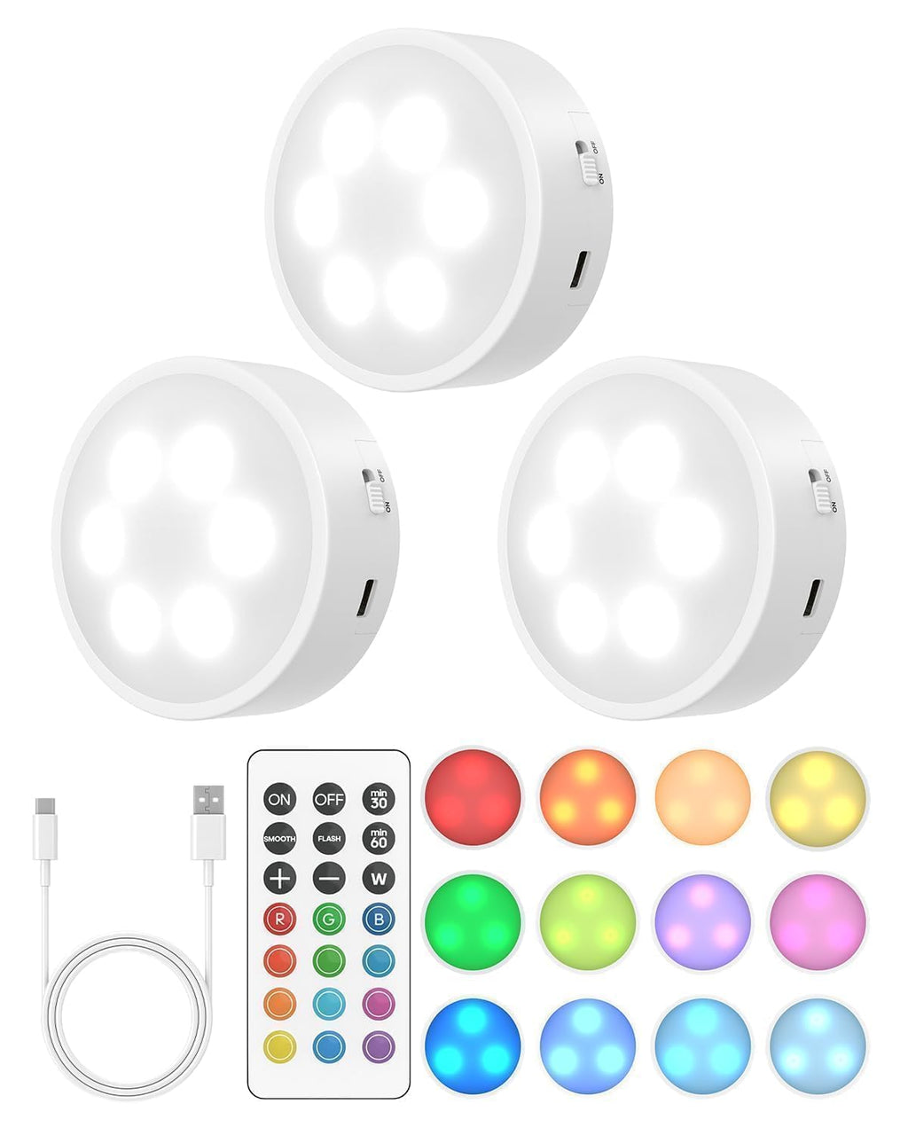 Puck Lights with Remote, Rechargeable 13 RGB Colors Tap Lights, 3 Pack