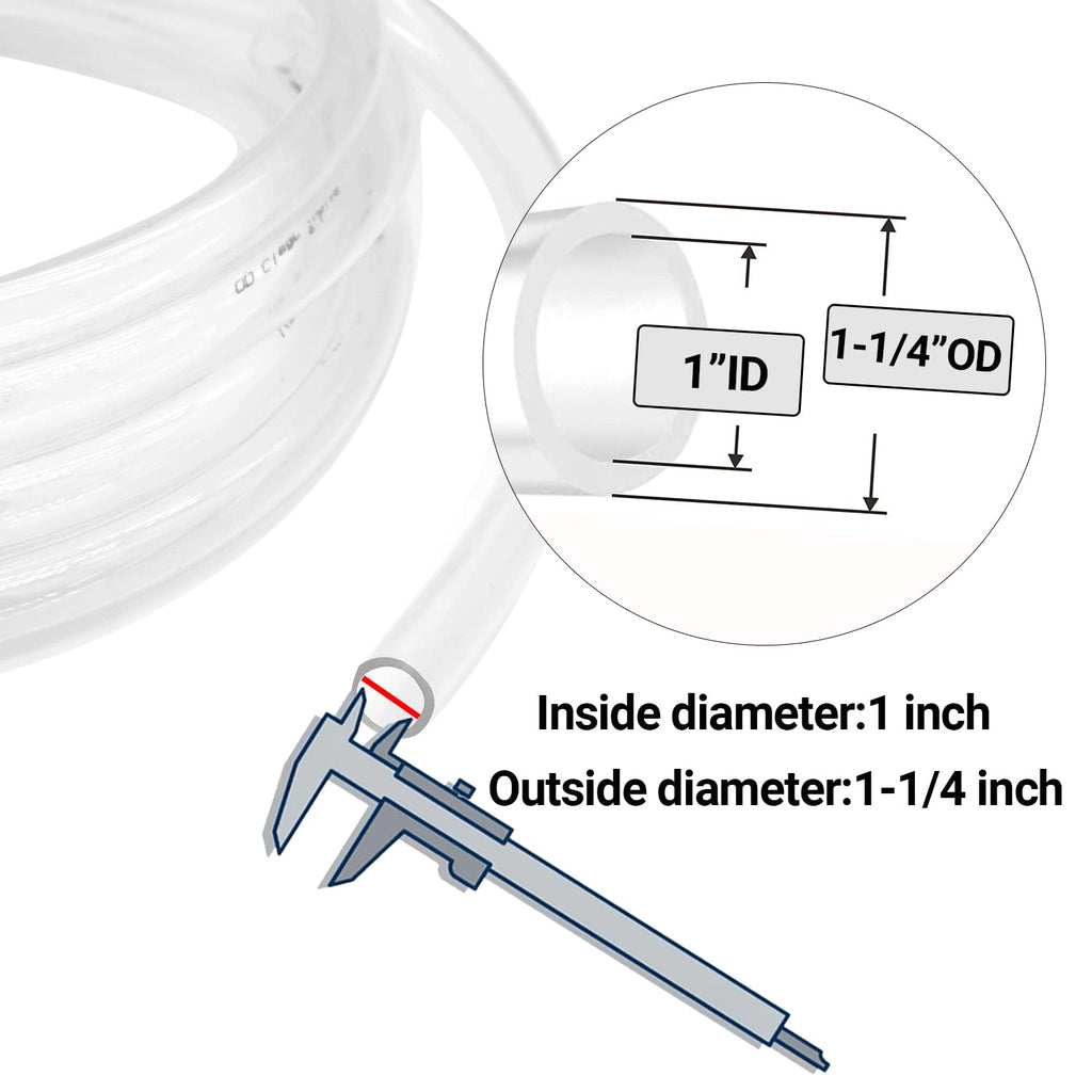 1’’ ID × 1-1/4’’ OD - 10 ft Clear Plastic Vinyl Tubing, Flexible PVC Hose Lightweight BPA Free and Non-Toxic vinyl Tube for Transfer Water Air Oil