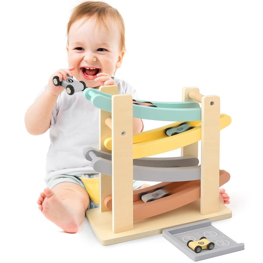 Car Ramp Toys for One Year Old Boy Birthday Gifts, Wooden Montessori Toys for 1 2 Year Old, Race Track Truck Toy with 4 Mini Cars/1 Parking Lot, First Christmas Birthday Gifts for Toddlers 1-3-2-4